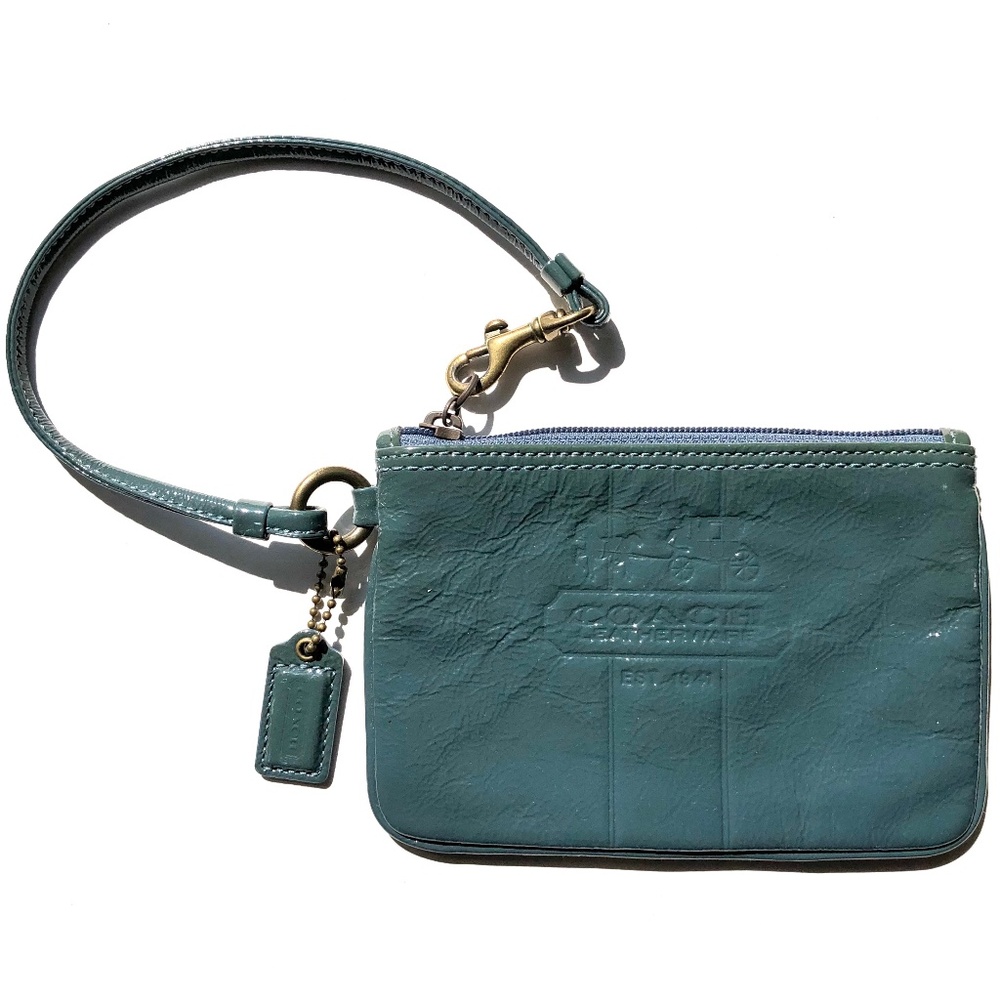 Coach Patent Leather Small Wristlet Wallet Teal Blue Embossed zipper brass plaid